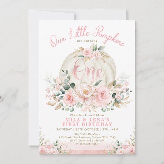ピンクフローラカボチャの双子の姉妹の関節1歳の誕生日 招待状 (正面)