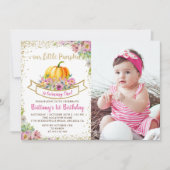 ピンクフローラカボチャグリッターガール誕生日写真 招待状 (正面)
