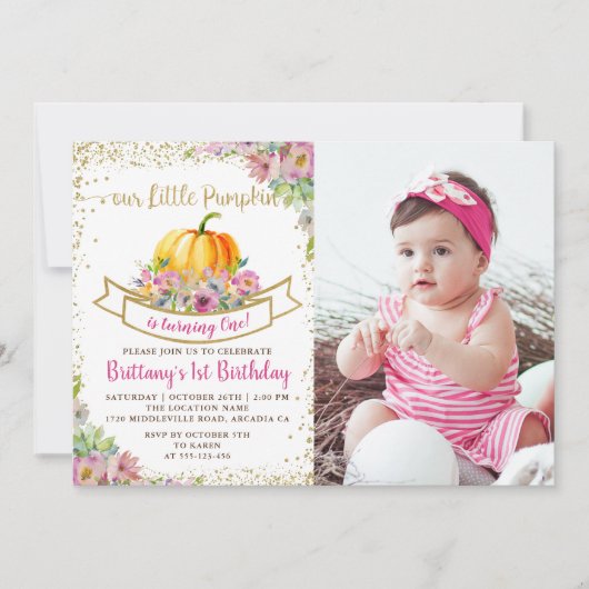 ピンクフローラカボチャグリッターガール誕生日写真 招待状 (正面)