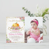 ピンクフローラカボチャグリッターガール誕生日写真 招待状 (スタンド正面)