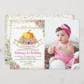 ピンクフローラカボチャグリッターガール誕生日写真 招待状 (正面/裏面)