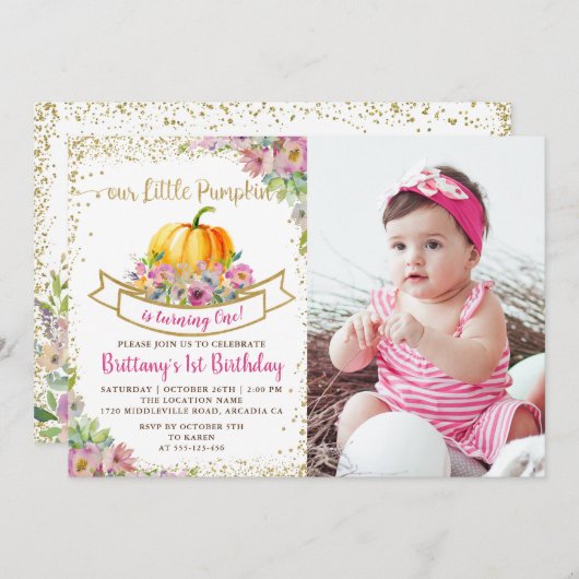 ピンクフローラカボチャグリッターガール誕生日写真 招待状 (正面/裏面)