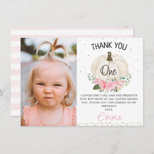 ピンクフローラカボチャ写真誕生日サンキューカード 招待状 (正面/裏面)