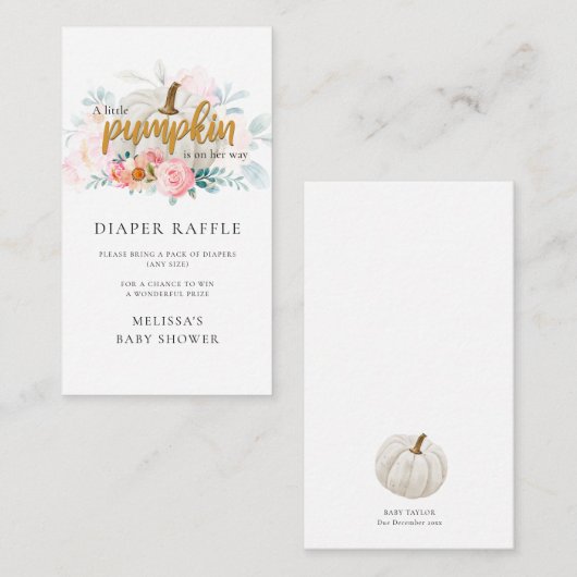 ピンクフローラカボチャ女の子ベビーシャワーおむつラッフル エンクロージャーカード (正面/裏面)