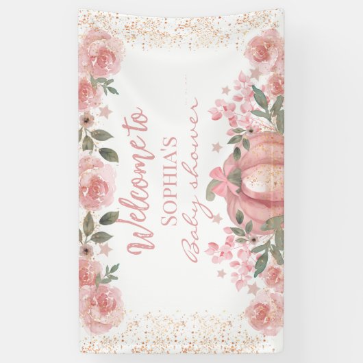 ピンクフローラカボチャ女の子ベビーシャワーバナー 横断幕 (縦)