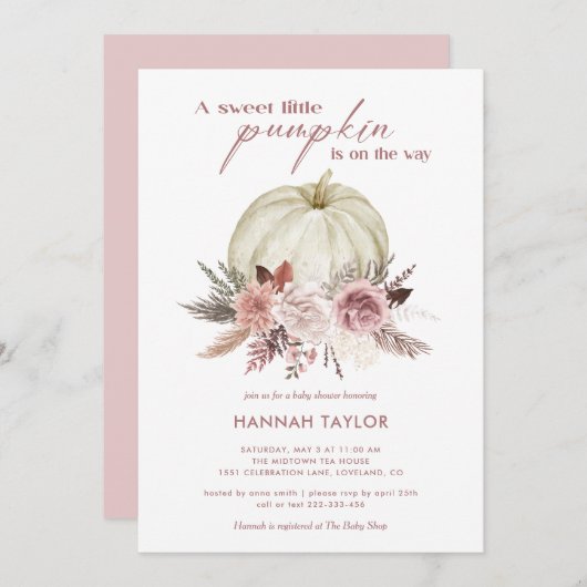 ピンクフローラカボチャ女の子ベビーシャワー 招待状 (正面/裏面)