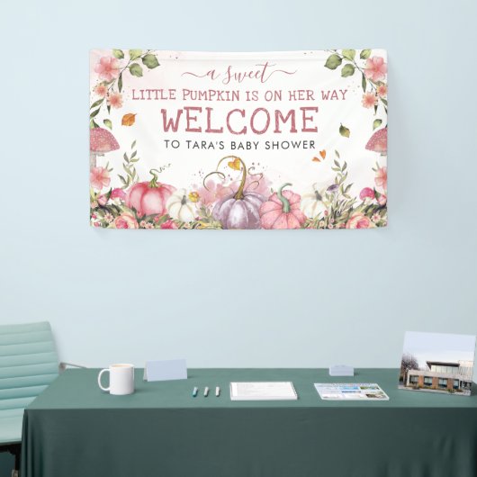 ピンクフローラカボチャ秋の赤ちゃんシャワーようこそ 横断幕 (トレードショー)