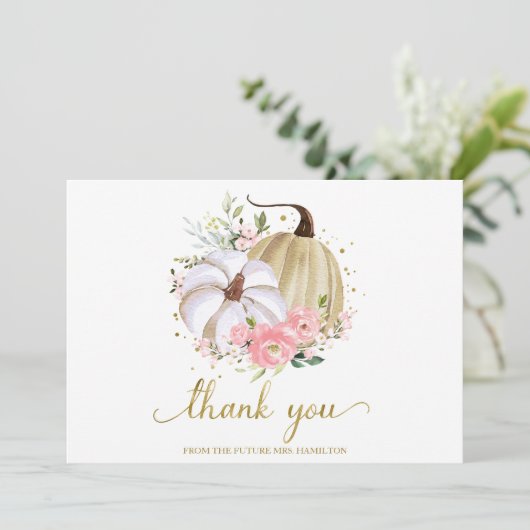 ピンクフローラカボチャ秋ブライダルシャワーありがとう 招待状 (スタンド正面)