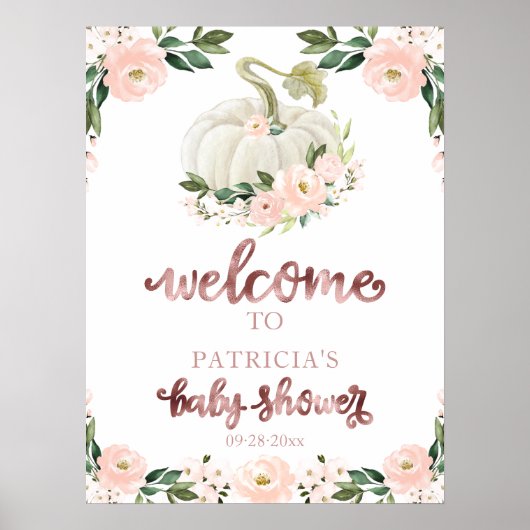 ピンクフローラカボチャ秋ベビーシャワー歓迎サイン ポスター (正面)