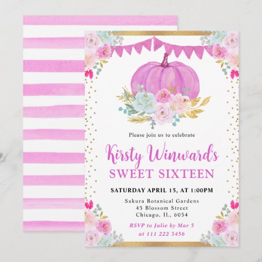ピンクフローラカボチャ秋Sweet sixteen 招待状 (正面/裏面)