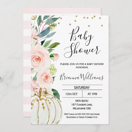 ピンクフローラカボチャ赤ちゃんシャワー招待状 招待状 (正面/裏面)