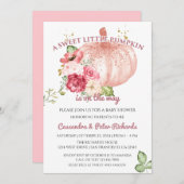 ピンクフローラカボチャ金ゴールドベビーガールシャワー 招待状 (正面/裏面)