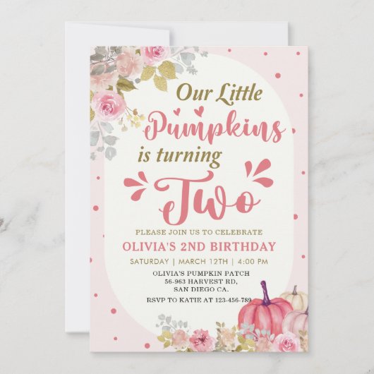 ピンクフローラカボチャ2nd誕生日パーティー 招待状 (正面)