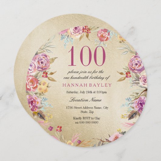 ピンクフローラカントリー金ゴールド100th誕生日パーティー 招待状 (正面/裏面)