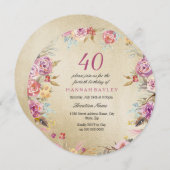 ピンクフローラカントリー金ゴールド40th誕生日パーティー 招待状 (正面/裏面)