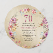 ピンクフローラカントリー金ゴールド70th誕生日パーティー 招待状 (正面/裏面)