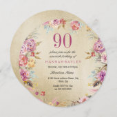 ピンクフローラカントリー金ゴールド90th誕生日パーティー 招待状 (正面/裏面)