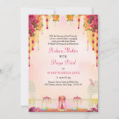 ピンクフローラガーデンカラフル結婚インディアン 招待状 (正面)