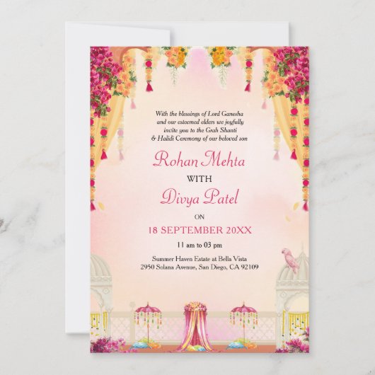 ピンクフローラガーデンカラフル結婚インディアン 招待状 (正面)