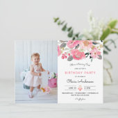 ピンクフローラガーデンガールフォト誕生日 招待状 (スタンド正面)