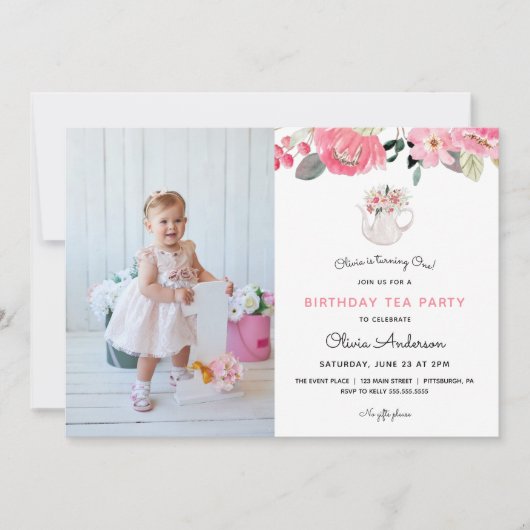 ピンクフローラガーデンティーパーティー誕生日 招待状 (正面)