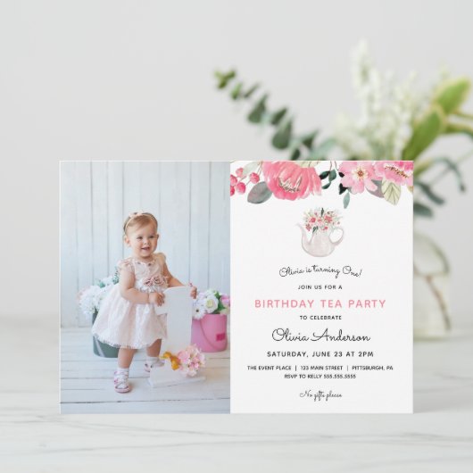 ピンクフローラガーデンティーパーティー誕生日 招待状 (スタンド正面)
