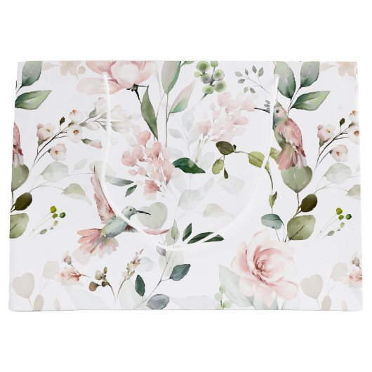 ピンクフローラガーデンハミングバードラージ抱き枕 ラージペーパーバッグ (正面)