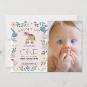 ピンクフローラガーデンホースガール写真1st誕生日 招待状 (正面)