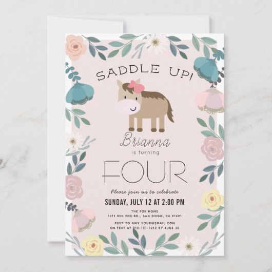 ピンクフローラガーデンホースガール誕生日 招待状 (正面)