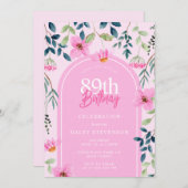 ピンクフローラガーリー野エレガント花89誕生日 招待状 (正面/裏面)