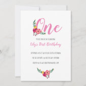 ピンクフローラガールの最初の誕生日パーティー 招待状 (正面)