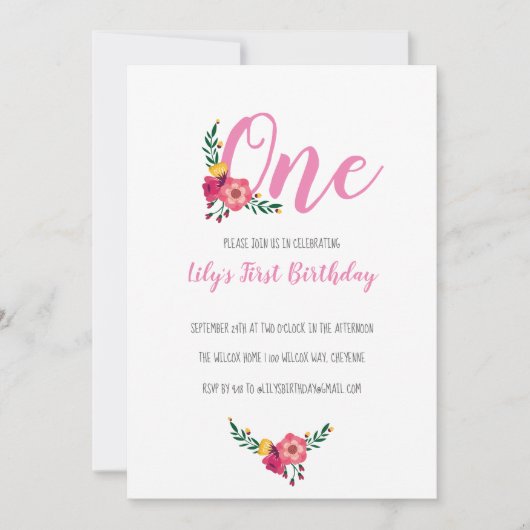 ピンクフローラガールの最初の誕生日パーティー 招待状 (正面)