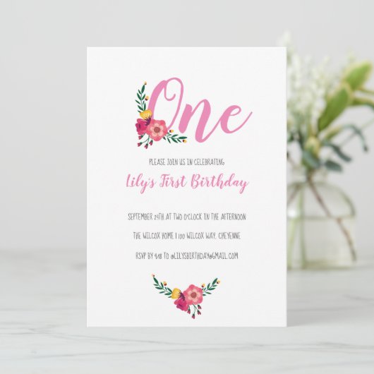 ピンクフローラガールの最初の誕生日パーティー 招待状 (スタンド正面)
