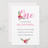 ピンクフローラガールの最初の誕生日パーティー 招待状 (正面/裏面)