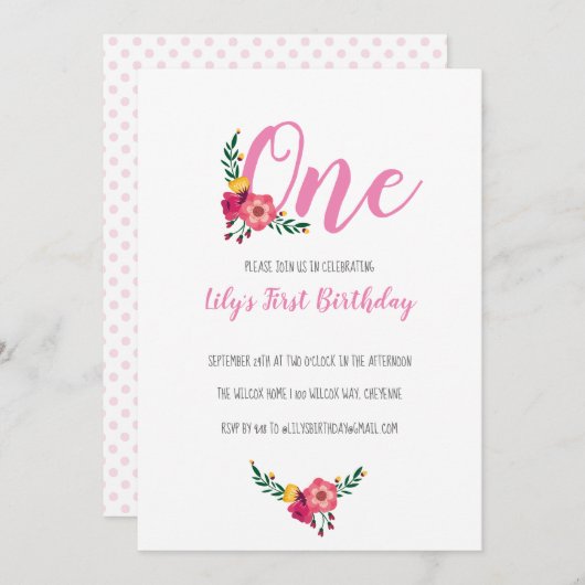 ピンクフローラガールの最初の誕生日パーティー 招待状 (正面/裏面)