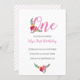 ピンクフローラガールの最初の誕生日パーティー 招待状