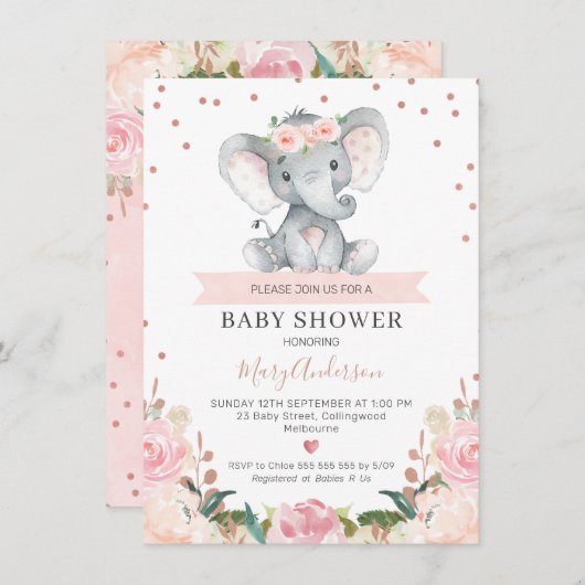ピンクフローラガールエレファントベビージャーシャワー招待状 招待状 (正面/裏面)