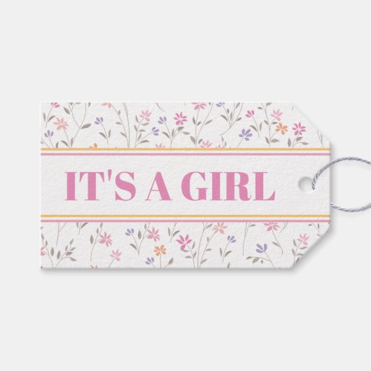 ピンクフローラガールカスタマイズ可能なベビーシャワー ギフトタグ (正面(横))