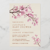 ピンクフローラガールカップル赤ちゃんシャワーバラ金ゴールド 箔招待状 (正面)