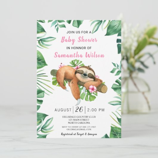 ピンクフローラガールカワイトスロスベビーシャワー招待状 招待状 (スタンド正面)