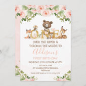 ピンクフローラガールズウッドランドファースト誕生日インビタティ 招待状 (正面/裏面)