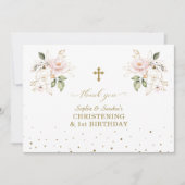 ピンクフローラガールズツインズ1st誕生日《キリスト教》洗礼式や命名式 サンキューカード (正面)