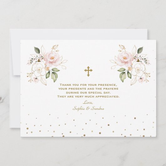 ピンクフローラガールズツインズ1st誕生日《キリスト教》洗礼式や命名式 サンキューカード (裏面)