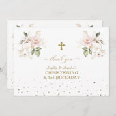 ピンクフローラガールズツインズ1st誕生日《キリスト教》洗礼式や命名式 サンキューカード (正面/裏面)