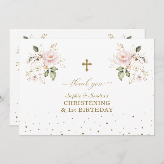 ピンクフローラガールズツインズ1st誕生日《キリスト教》洗礼式や命名式 サンキューカード (正面/裏面)
