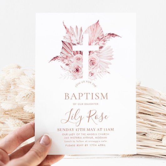ピンクフローラガールズバプテスマ《キリスト教》洗礼式や命名式 招待状