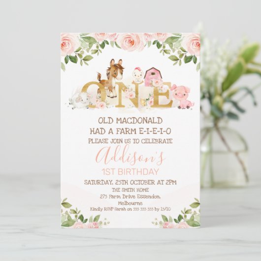 ピンクフローラガールズファーム第1誕生日招待状 招待状 (スタンド正面)