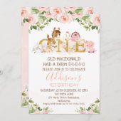 ピンクフローラガールズファーム第1誕生日招待状 招待状 (正面/裏面)