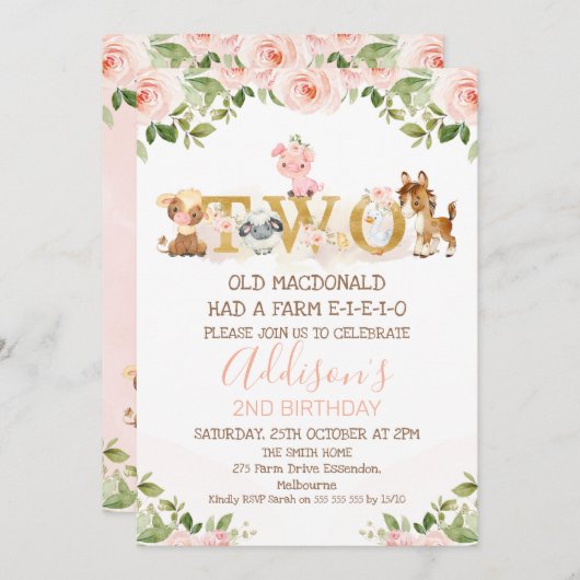 ピンクフローラガールズファーム第2誕生日  招待状 (正面/裏面)