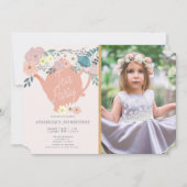 ピンクフローラガールティーパーティーフォト誕生日 招待状 (正面)